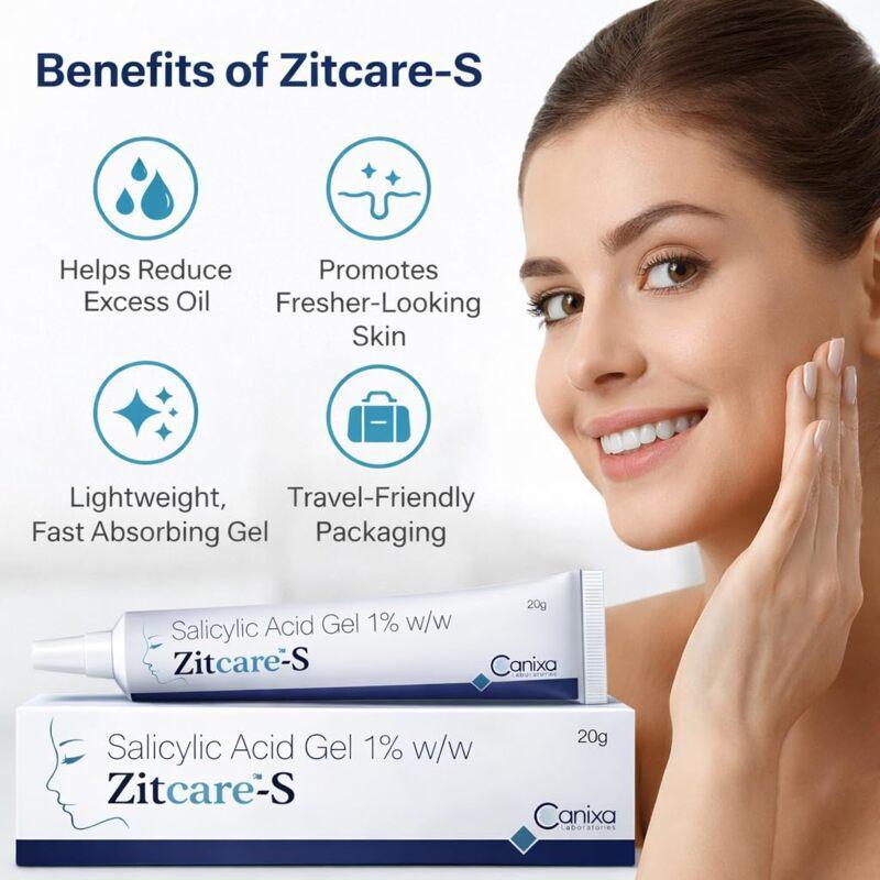 Zitcare-S Salicylic Acid Gel 1% – Lightweight Oil-Control Face Gel for Acne-Prone & Oily Skin (20gm)