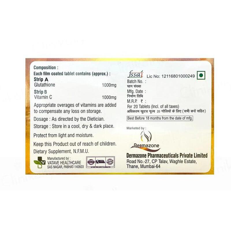 Glutagain-C 1000 Glutathione with Vitamin C Tablets | Combo Kit (Strip A+B) | 20 Tablets