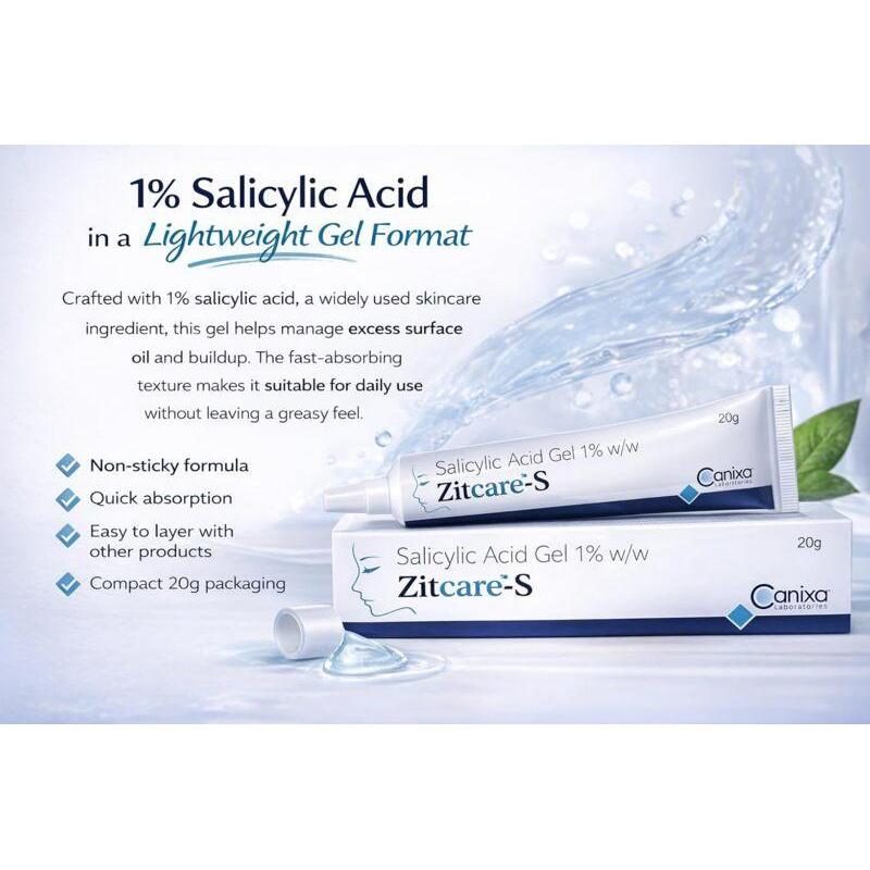 Zitcare-S Salicylic Acid Gel 1% – Lightweight Oil-Control Face Gel for Acne-Prone & Oily Skin (20gm)
