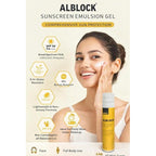 DERMX ALBLOCK Sunscreen Emulsion Gel SPF 50 PA+++ | Broad Spectrum UVA, UVB & HEVL Protection | Lightweight, Non-Comedogenic | 8 Hours Water Resistant | pH 5.5 | 50g