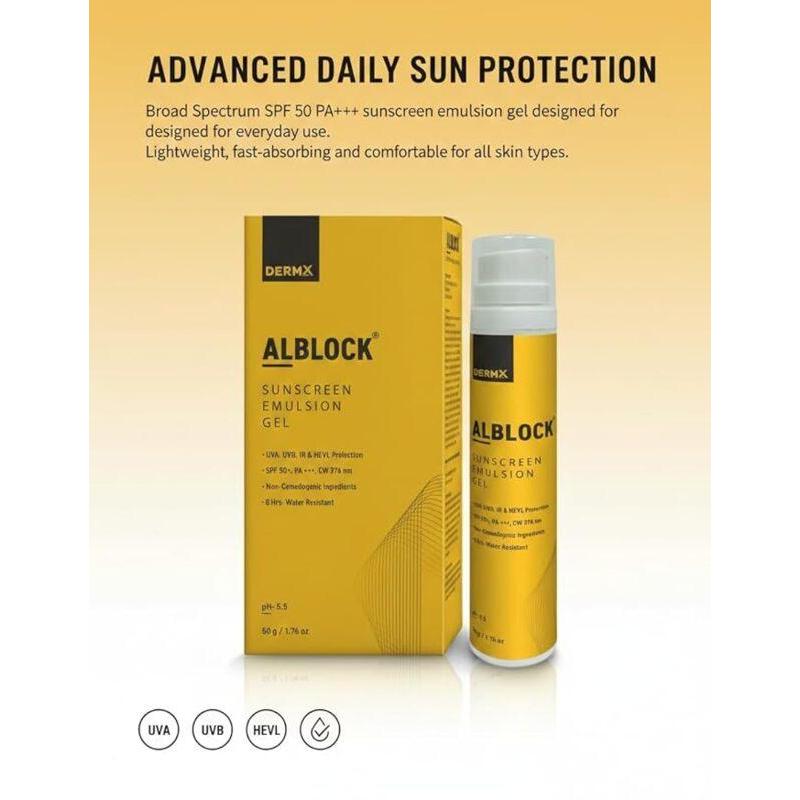 DERMX ALBLOCK Sunscreen Emulsion Gel SPF 50 PA+++ | Broad Spectrum UVA, UVB & HEVL Protection | Lightweight, Non-Comedogenic | 8 Hours Water Resistant | pH 5.5 | 50g