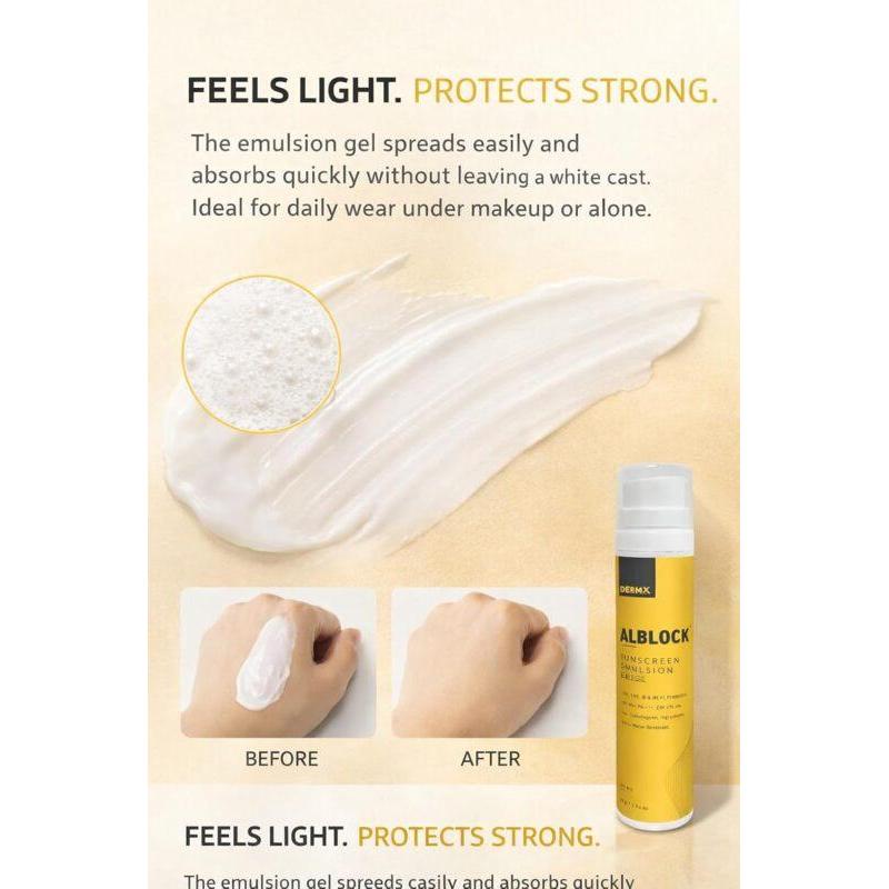 DERMX ALBLOCK Sunscreen Emulsion Gel SPF 50 PA+++ | Broad Spectrum UVA, UVB & HEVL Protection | Lightweight, Non-Comedogenic | 8 Hours Water Resistant | pH 5.5 | 50g