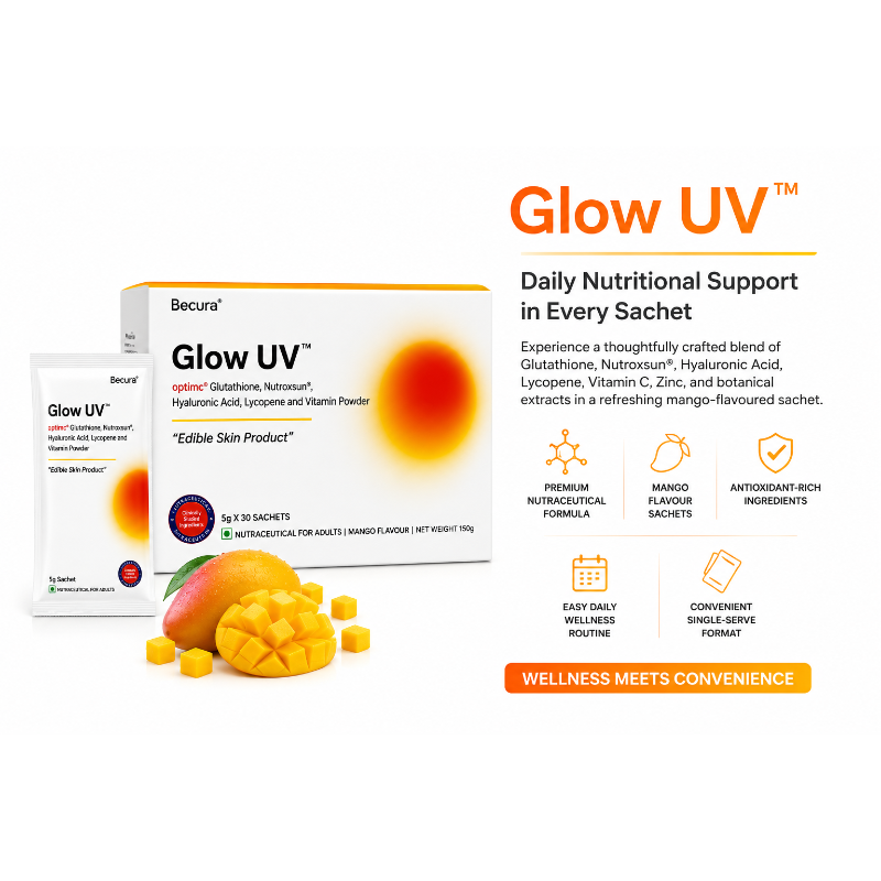 Glow UV Glutathione Supplement Sachets | Nutroxsun, Hyaluronic Acid, Lycopene, Vitamin C, Zinc & Antioxidants | Mango Flavour Daily Wellness Nutraceutical | 5g x 30 Sachets (150g)