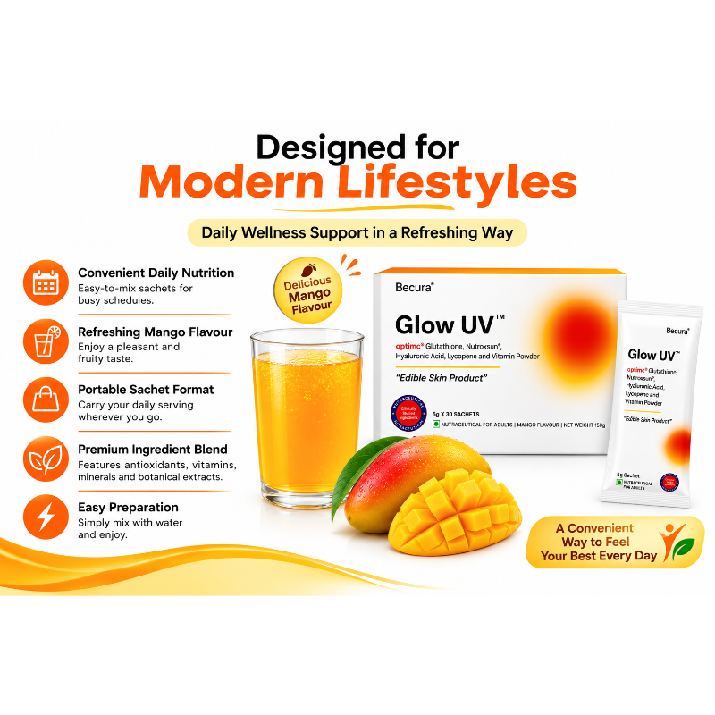 Glow UV Glutathione Supplement Sachets | Nutroxsun, Hyaluronic Acid, Lycopene, Vitamin C, Zinc & Antioxidants | Mango Flavour Daily Wellness Nutraceutical | 5g x 30 Sachets (150g)