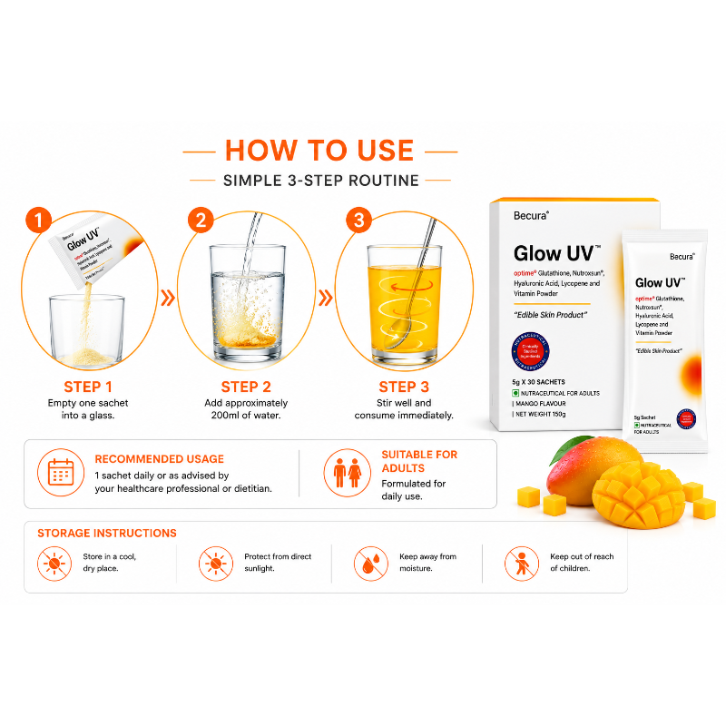 Glow UV Glutathione Supplement Sachets | Nutroxsun, Hyaluronic Acid, Lycopene, Vitamin C, Zinc & Antioxidants | Mango Flavour Daily Wellness Nutraceutical | 5g x 30 Sachets (150g)