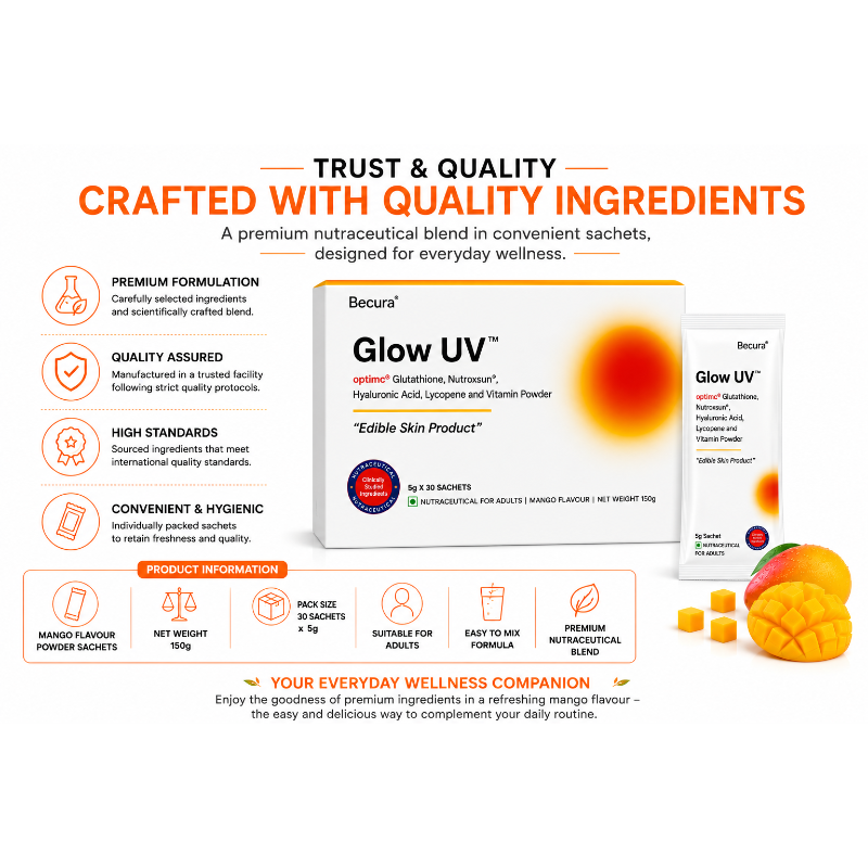 Glow UV Glutathione Supplement Sachets | Nutroxsun, Hyaluronic Acid, Lycopene, Vitamin C, Zinc & Antioxidants | Mango Flavour Daily Wellness Nutraceutical | 5g x 30 Sachets (150g)
