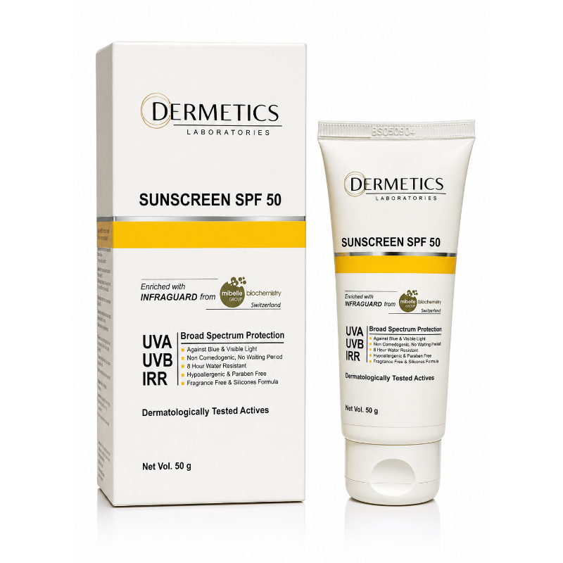 DERMETICS SPF 50 Sunscreen Cream | Broad Spectrum UVA UVB IRR Protection | Infraguard Blue Light Shield | Non-Greasy, Water Resistant, Hypoallergenic Formula | 50g