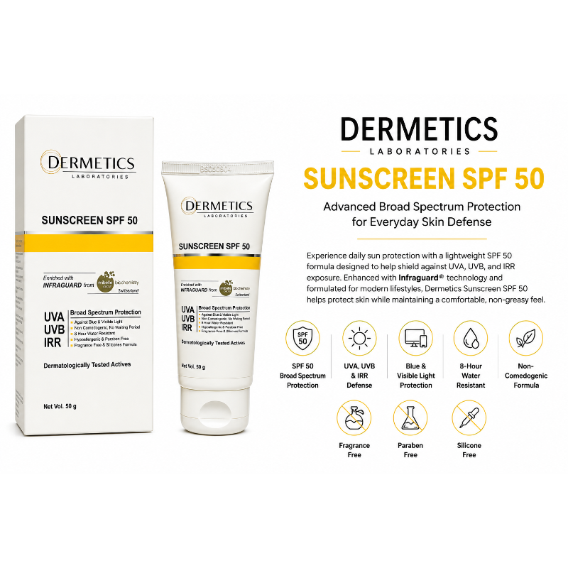 DERMETICS SPF 50 Sunscreen Cream | Broad Spectrum UVA UVB IRR Protection | Infraguard Blue Light Shield | Non-Greasy, Water Resistant, Hypoallergenic Formula | 50g