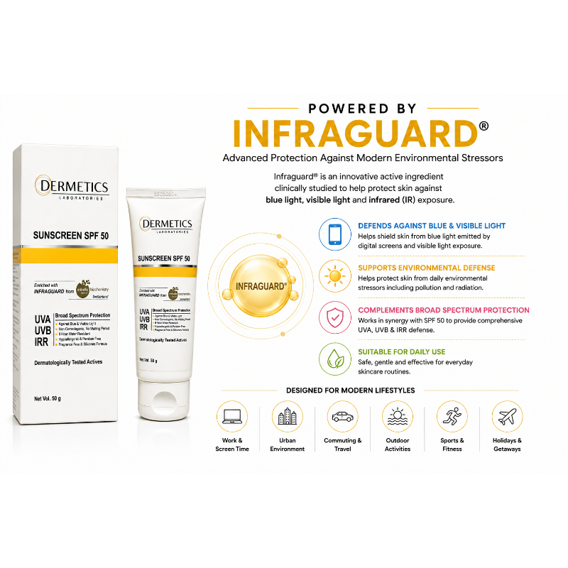 DERMETICS SPF 50 Sunscreen Cream | Broad Spectrum UVA UVB IRR Protection | Infraguard Blue Light Shield | Non-Greasy, Water Resistant, Hypoallergenic Formula | 50g