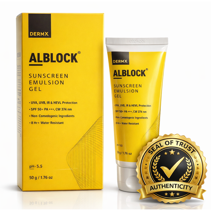 DERMX ALBLOCK Sunscreen Emulsion Gel SPF 50 PA+++ | Broad Spectrum UVA, UVB & HEVL Protection | Lightweight, Non-Comedogenic | 8 Hours Water Resistant | pH 5.5 | 50g