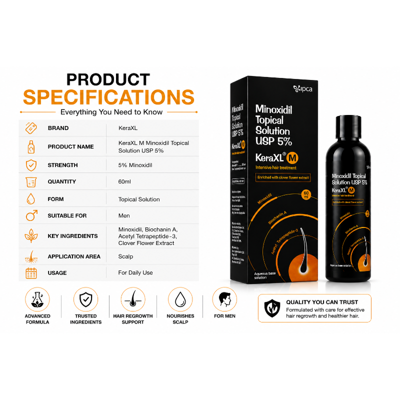 Kera XL M Minoxidil Topical Solution USP 5% 60ml | Intensive Hair Regrowth Treatment for Men | Enriched with Clover Flower Extract