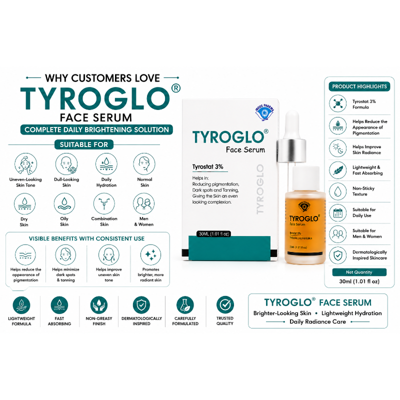 TYROGLO Face Serum with Tyrostat 3% | Helps Reduce Pigmentation, Dark Spots & Tanning | 30ml