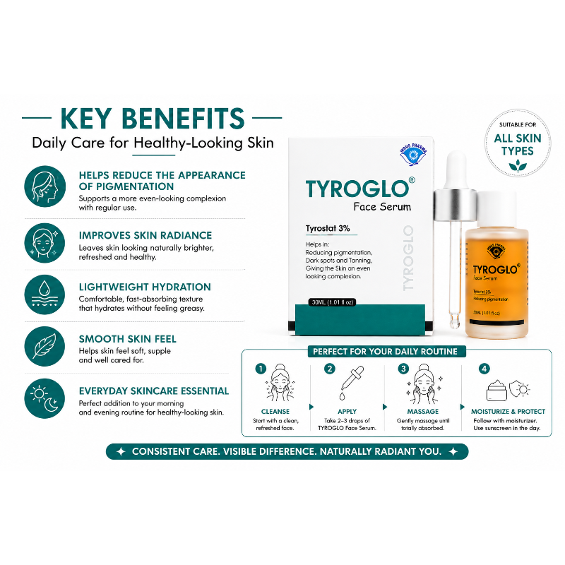 TYROGLO Face Serum with Tyrostat 3% | Helps Reduce Pigmentation, Dark Spots & Tanning | 30ml