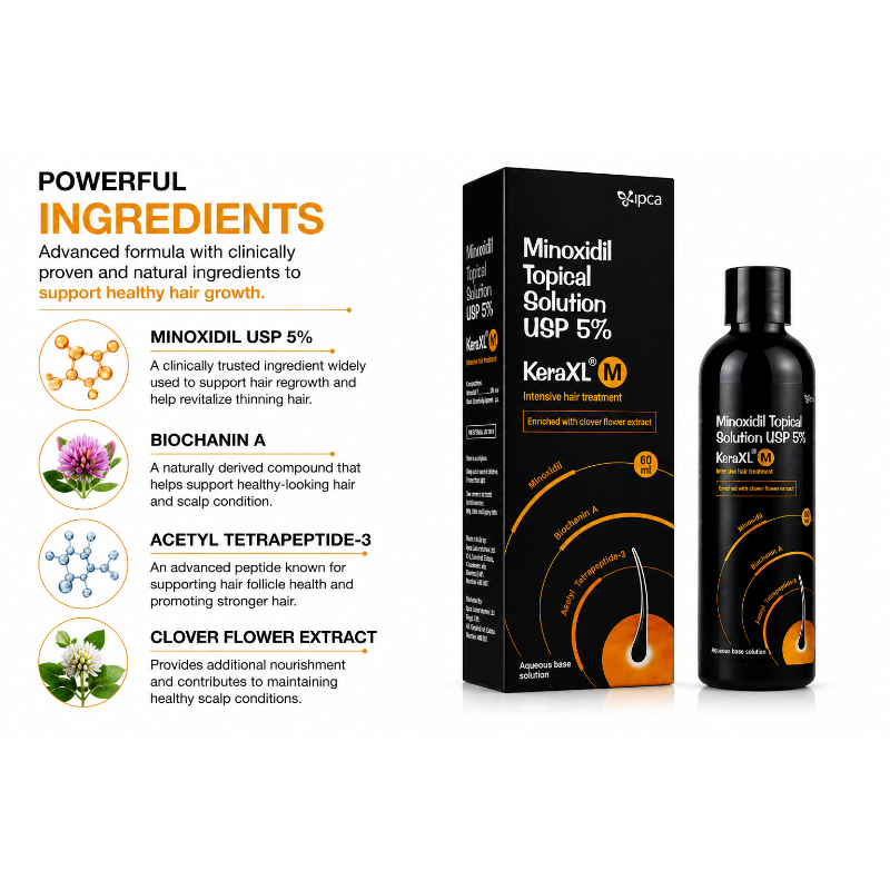 Kera XL M Minoxidil Topical Solution USP 5% 60ml | Intensive Hair Regrowth Treatment for Men | Enriched with Clover Flower Extract