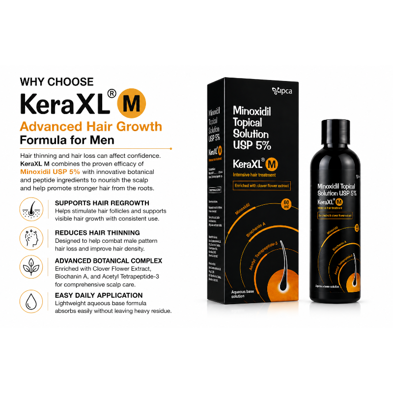 Kera XL M Minoxidil Topical Solution USP 5% 60ml | Intensive Hair Regrowth Treatment for Men | Enriched with Clover Flower Extract