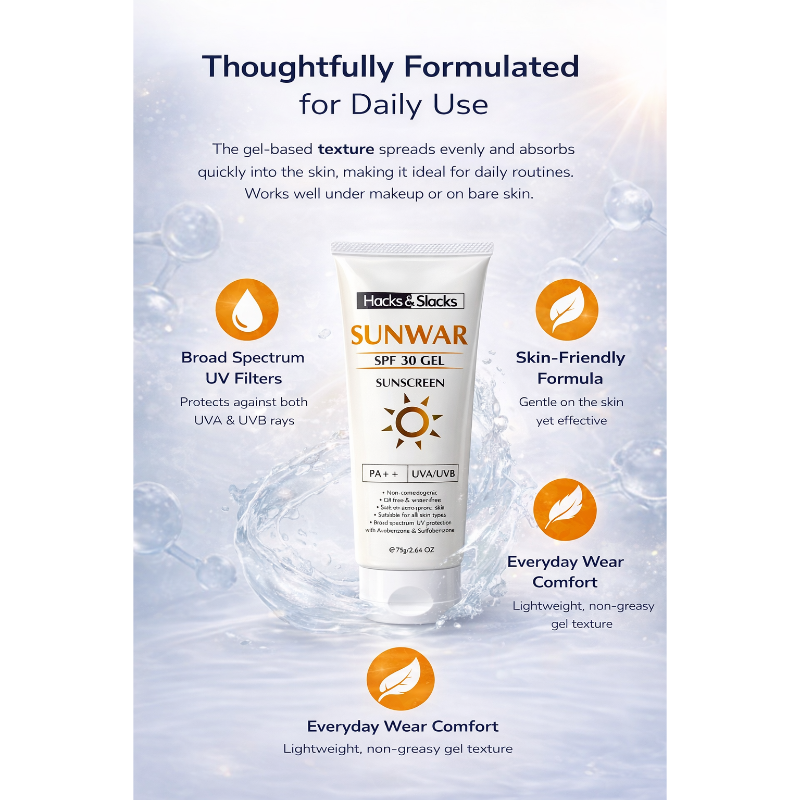 SUNWAR Sunscreen Gel SPF 30 PA++ Broad Spectrum UVA/UVB Protection 75gm