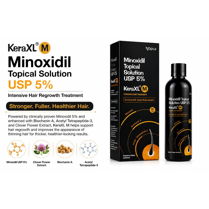 Kera XL M Minoxidil Topical Solution USP 5% 60ml | Intensive Hair Regrowth Treatment for Men | Enriched with Clover Flower Extract