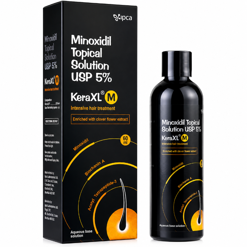 Kera XL M Minoxidil Topical Solution USP 5% 60ml | Intensive Hair Regrowth Treatment for Men | Enriched with Clover Flower Extract
