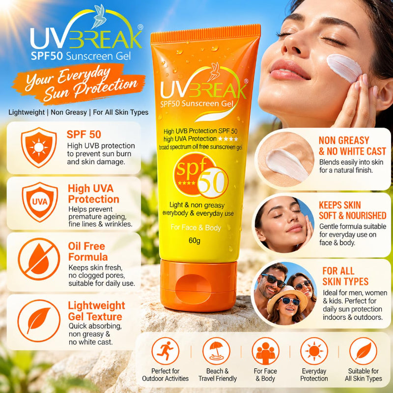 UV Break SPF 50 Sunscreen Gel for Face & Body (60gm)