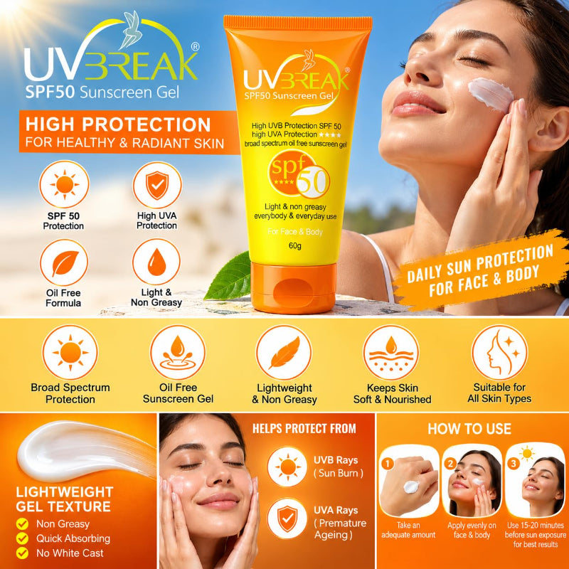 UV Break SPF 50 Sunscreen Gel for Face & Body (60gm)
