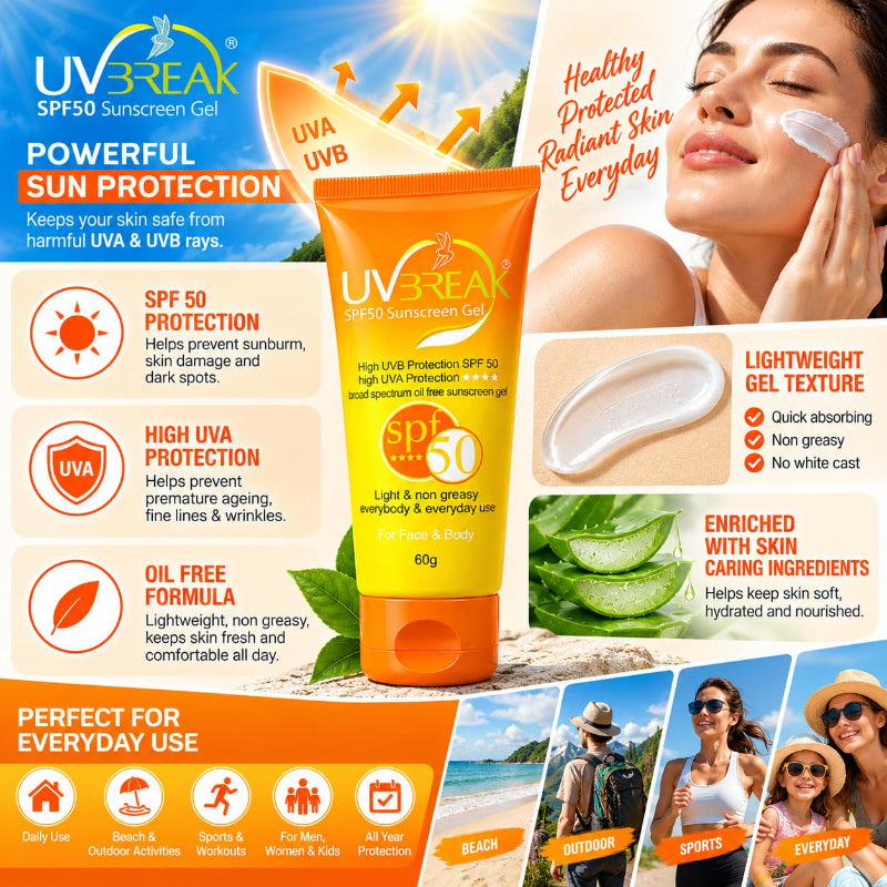 UV Break SPF 50 Sunscreen Gel for Face & Body (60gm)