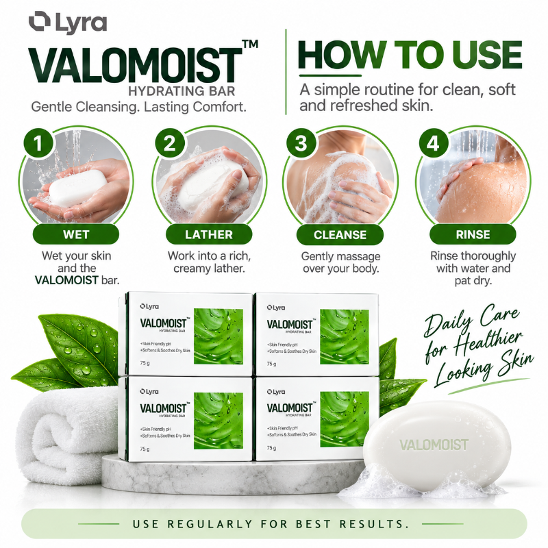 VALOMOIST Hydrating Bar Soap for Dry & Sensitive Skin 75g (Pack of 4)