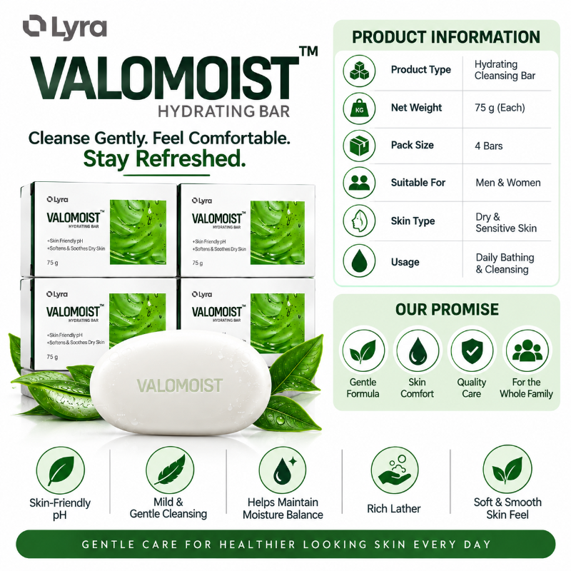 VALOMOIST Hydrating Bar Soap for Dry & Sensitive Skin 75g (Pack of 4)