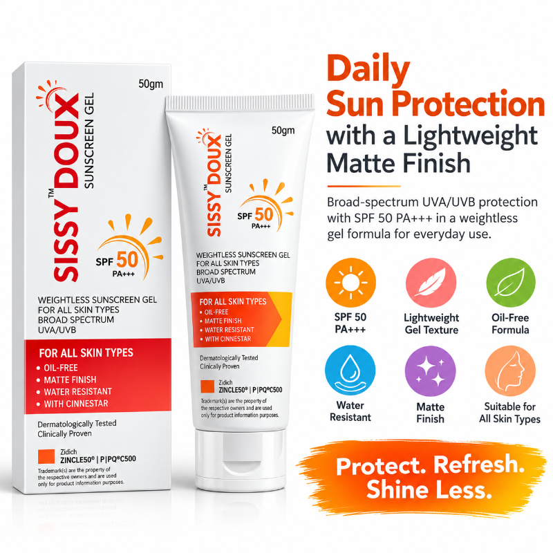 SISSY DOUX Sunscreen Gel SPF 50 PA+++ Broad Spectrum Protection (50gm)