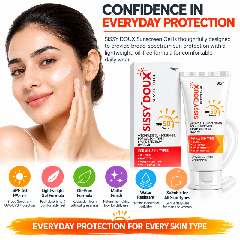 SISSY DOUX Sunscreen Gel SPF 50 PA+++ Broad Spectrum Protection (50gm)
